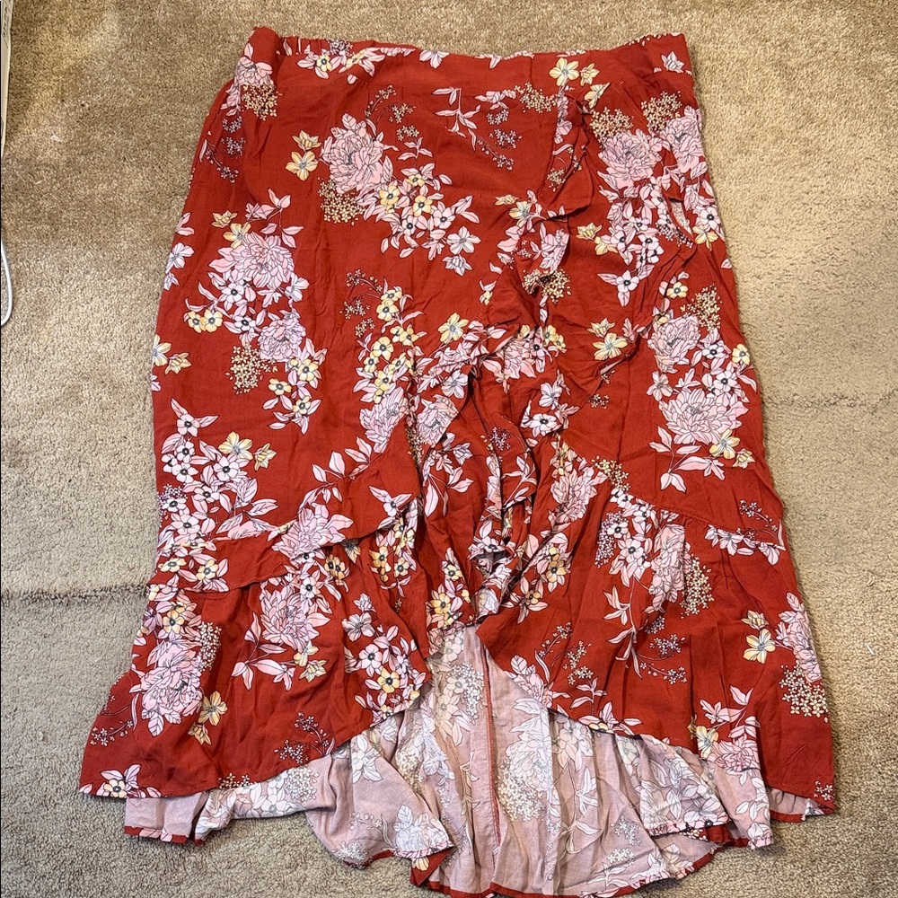 Torrid Burnt Orange Rust Hi-Low Floral Ruffled Tiered Wrap Midi Skirt Size 4X